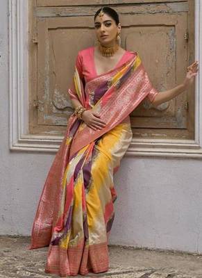 Yellow color silk blend handloom silk blend kadwa weaves sarees 3