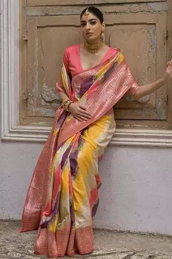 Yellow color silk blend handloom silk blend kadwa weaves sarees