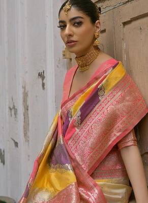 Yellow color silk blend handloom silk blend kadwa weaves sarees 4