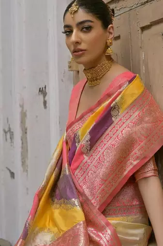 Yellow color silk blend handloom silk blend kadwa weaves sarees