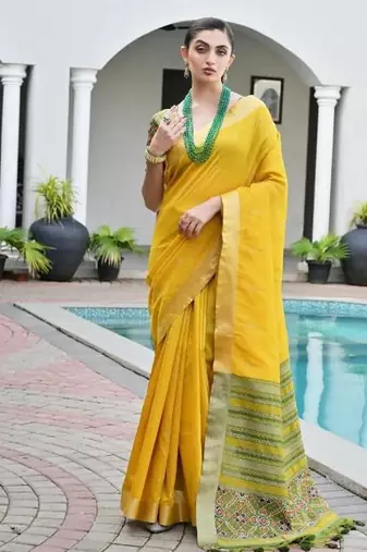 Yellow color khadi  silk blend weaving patola sarees