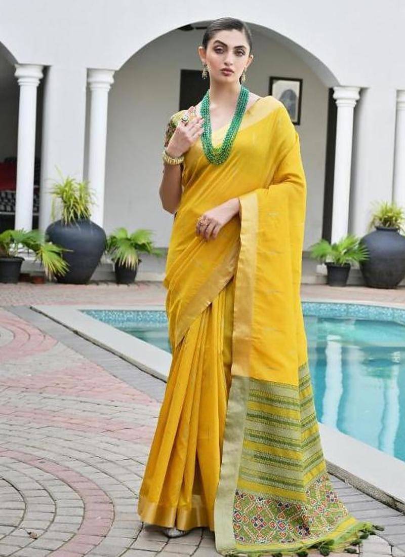 Yellow color khadi  silk blend weaving patola sarees