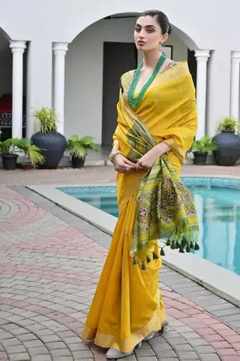 Yellow color khadi  silk blend weaving patola sarees