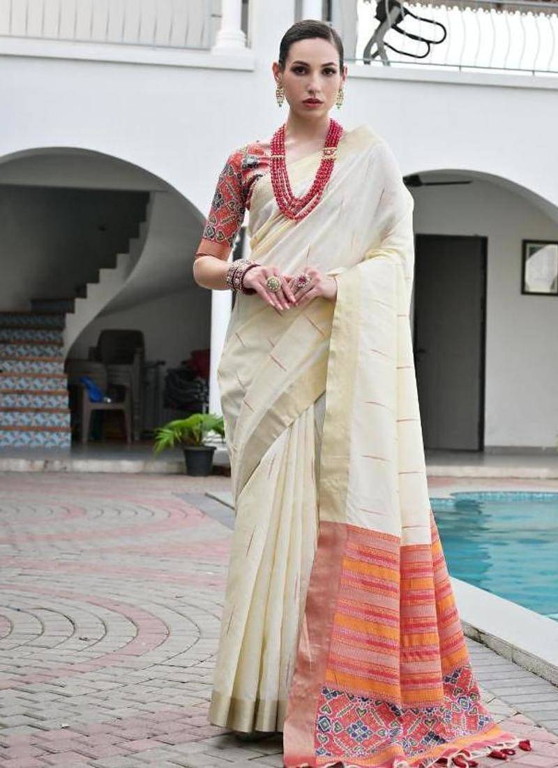 White color khadi  silk blend weaving patola sarees