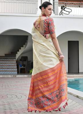 White color khadi  silk blend weaving patola sarees 4