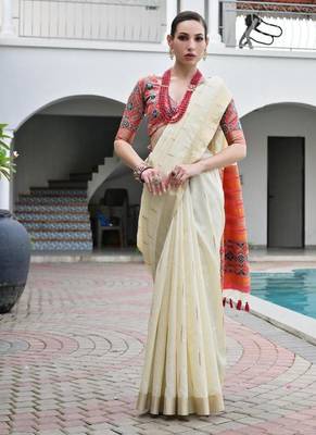 White color khadi  silk blend weaving patola sarees 5