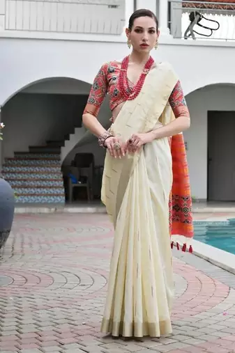 White color khadi  silk blend weaving patola sarees