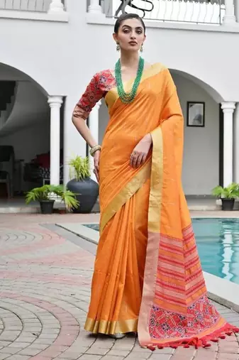 Orange color khadi  silk blend weaving patola sarees