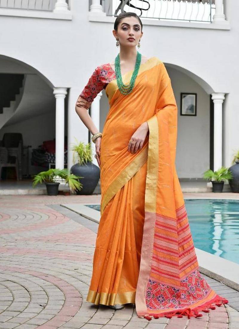 Orange color khadi  silk blend weaving patola sarees