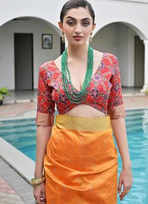 Orange color khadi  silk blend weaving patola sarees 2