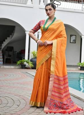 Orange color khadi  silk blend weaving patola sarees 3