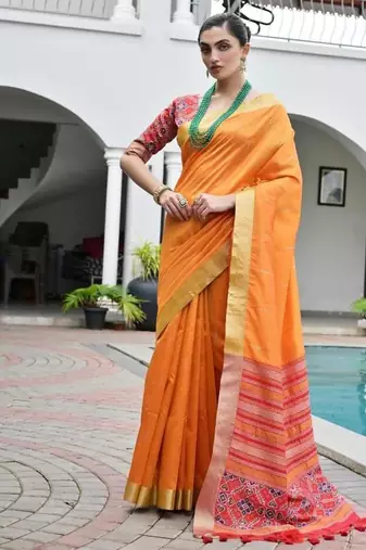 Orange color khadi  silk blend weaving patola sarees