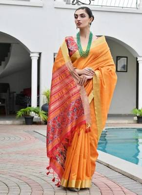 Orange color khadi  silk blend weaving patola sarees 5