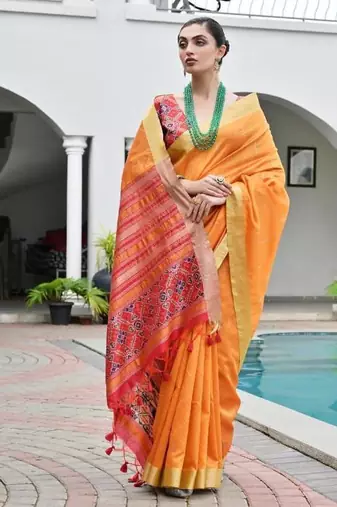 Orange color khadi  silk blend weaving patola sarees