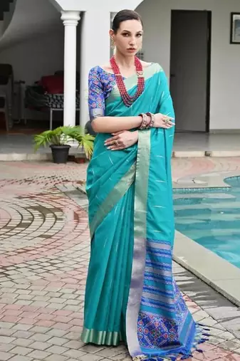 Sea green color khadi  silk blend weaving patola sarees