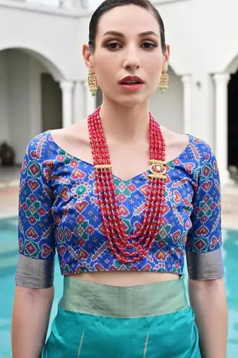Sea green color khadi  silk blend weaving patola sarees
