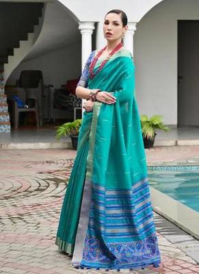 Sea green color khadi  silk blend weaving patola sarees 3