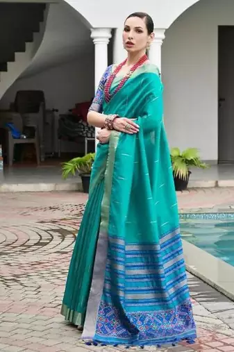 Sea green color khadi  silk blend weaving patola sarees