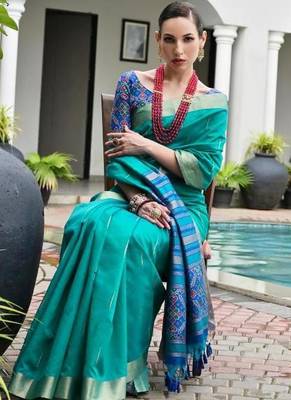 Sea green color khadi  silk blend weaving patola sarees 5