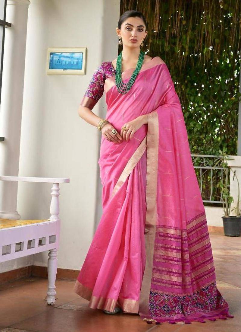 Pink color khadi  silk blend weaving patola sarees