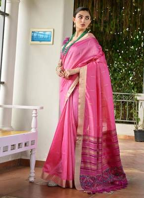 Pink color khadi  silk blend weaving patola sarees 3
