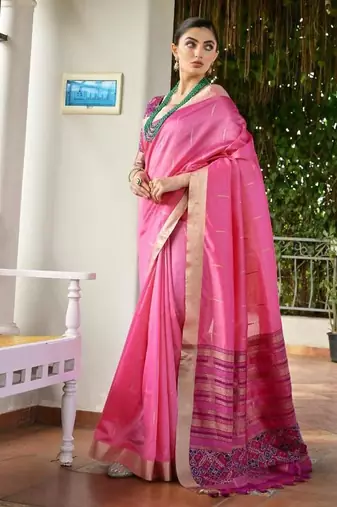 Pink color khadi  silk blend weaving patola sarees