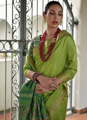 Green color khadi  silk blend weaving patola sarees 4