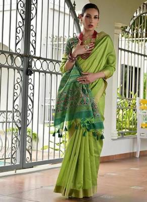 Green color khadi  silk blend weaving patola sarees 5