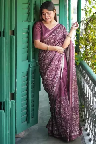 Purple color tussar silk blend batik printed sarees