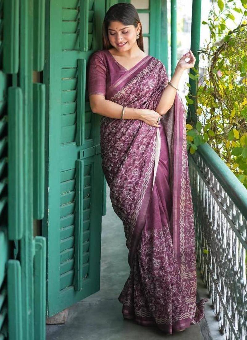 Purple color tussar silk blend batik printed sarees