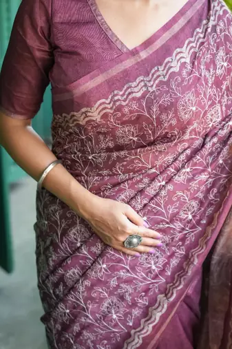 Purple color tussar silk blend batik printed sarees