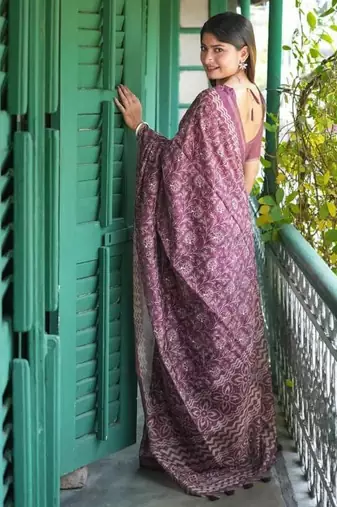 Purple color tussar silk blend batik printed sarees