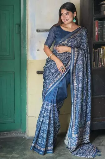 Blue color tussar silk blend batik printed sarees