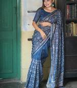 Blue color tussar silk blend batik printed sarees
