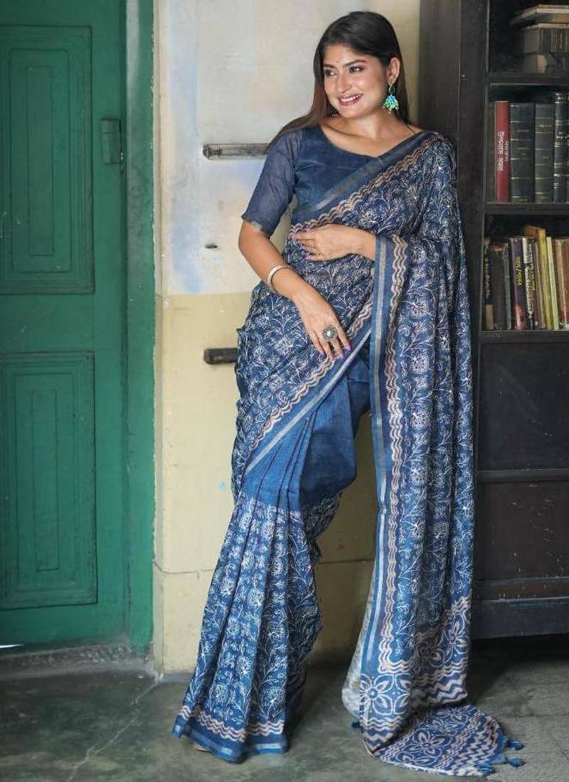 Blue color tussar silk blend batik printed sarees