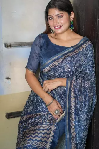 Blue color tussar silk blend batik printed sarees
