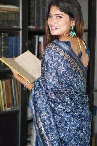 Blue color tussar silk blend batik printed sarees