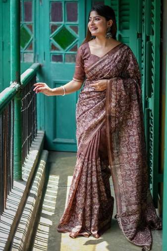 Brown color tussar silk blend batik printed sarees