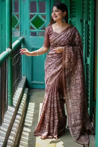 Brown color tussar silk blend batik printed sarees