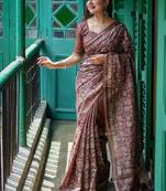 Brown color tussar silk blend batik printed sarees