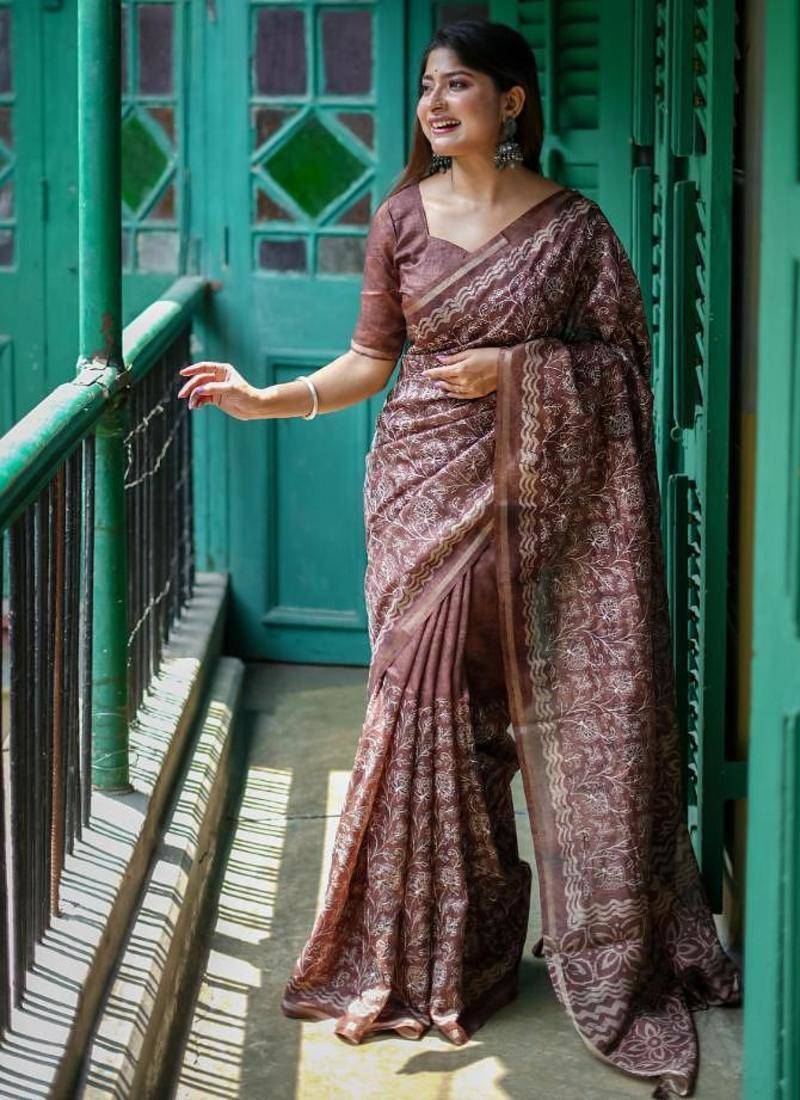 Brown color tussar silk blend batik printed sarees