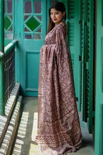 Brown color tussar silk blend batik printed sarees