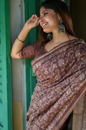 Brown color tussar silk blend batik printed sarees