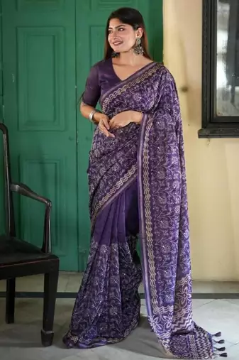 Navy blue color tussar silk blend batik printed sarees