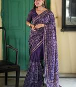 Navy blue color tussar silk blend batik printed sarees