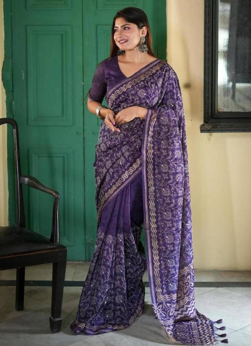 Navy blue color tussar silk blend batik printed sarees