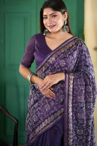 Navy blue color tussar silk blend batik printed sarees