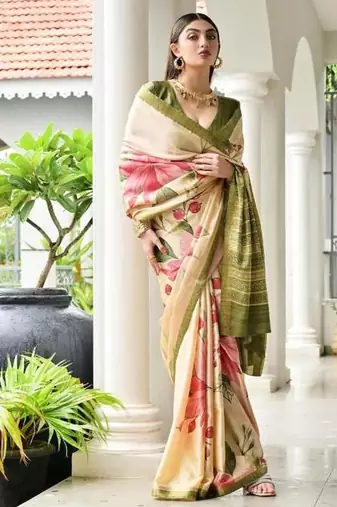 Multi color satin silk blend classic digital printed sarees