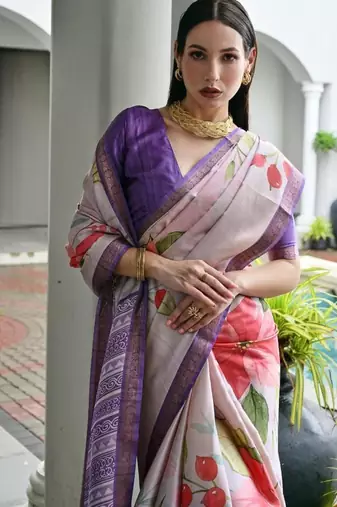 Multi color satin silk blend classic digital printed sarees