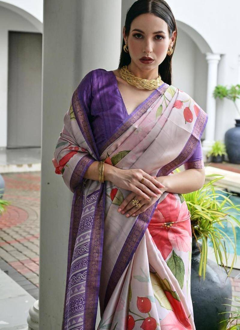 Multi color satin silk blend classic digital printed sarees